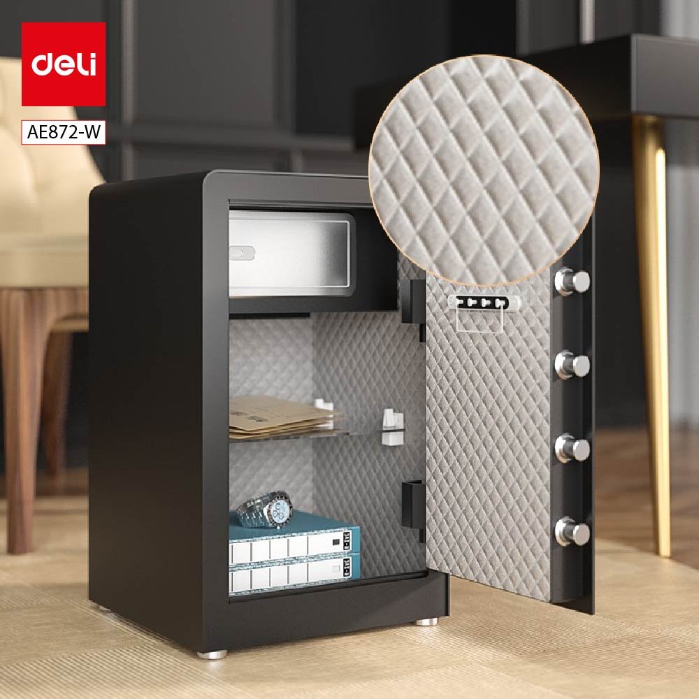 AE872-W-0 ديلي خزنة معدنية رف زجاج - حماية (أرقام -مفتاح) - 45*38*32 سم - أبيض / أسود - AE872